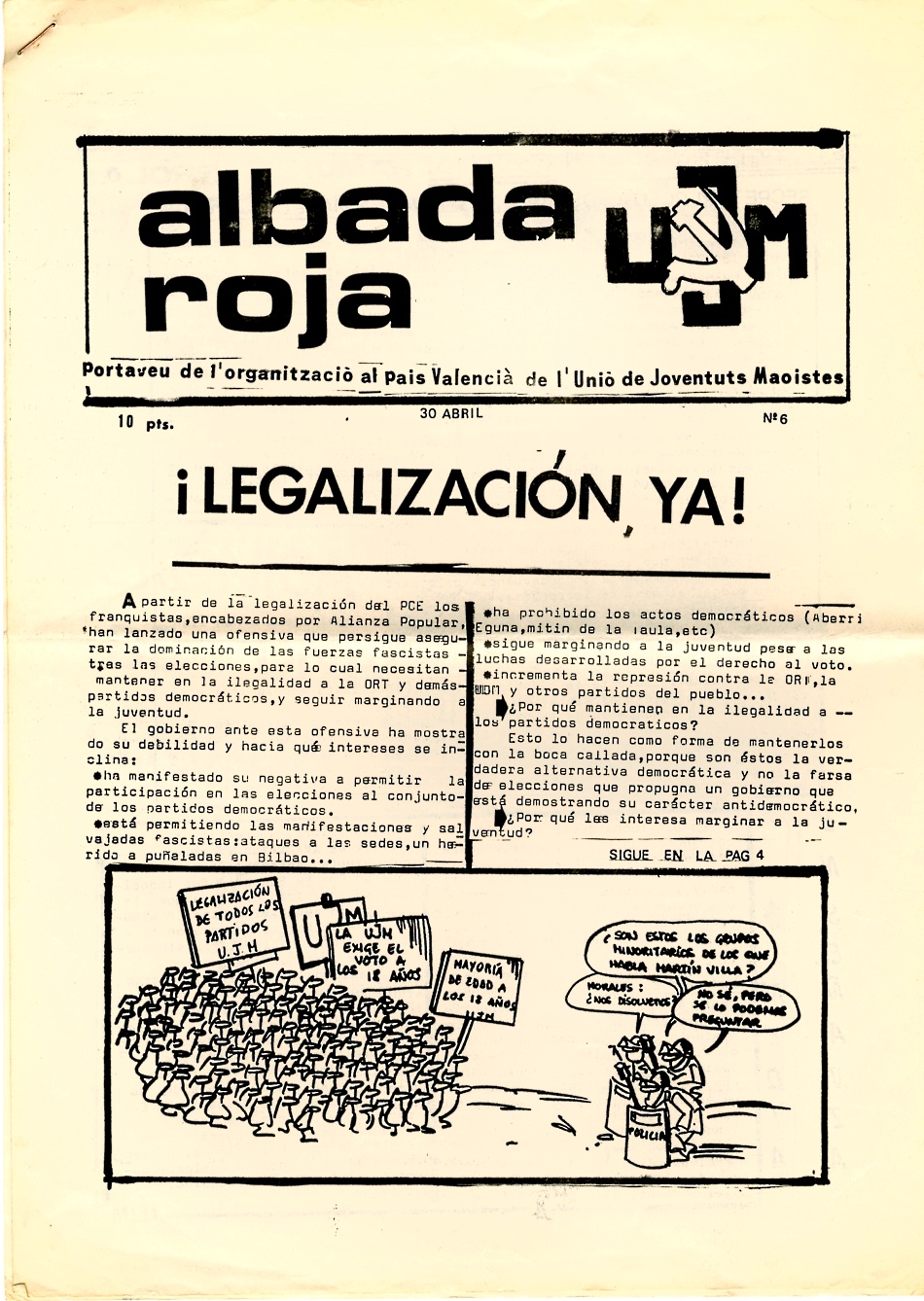 ALBADA ROJA, Periodico de las Juventudes Maosistas del Pais Valenciá. Legalización y democracia Ahora